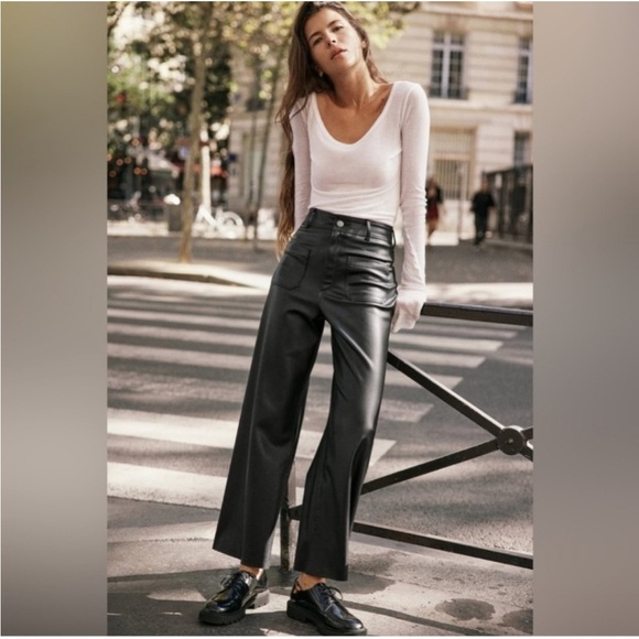 ZARA The Patch Pockets Marine Straight Faux Leather Pants BLACK 4 Ankle Crop - Picture 10 of 15